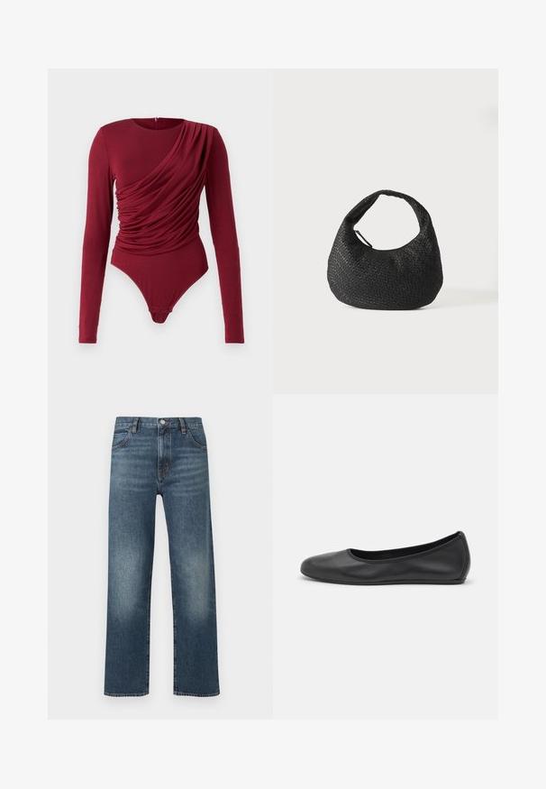 Langarm bodysuit in diep rood, met gedrapeerde stof, een ronde hals en drukknoopsluiting onderaan, gemaakt van zachte rekbare materiaal.; Blauwe spijkerbroeken met een rechte pijp, voorzien van een lichtere wassing op de dijen, vijf zakken en een knoopsluiting aan de voorkant.; Zwarte leren ballerina met een ronde neus, gladde textuur, minimale stikdetails en een flexibele zoolontwerp.; Zwarte geweven leren handtas met een gebogen handvat en een maansikkelvormig lichaam, weergegeven op een eenvoudige witte achtergrond.