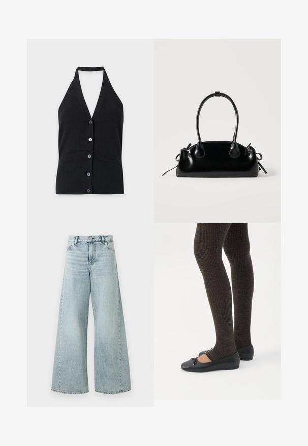 Haut noir en maille à col licou avec un profond décolleté en V et cinq boutons sur le devant, présenté sur un fond clair uni.; Jean en denim bleu clair à jambes larges avec taille haute, doté d'une fermeture à bouton, de cinq poches et de détails à l'ourlet effiloché.; Jambes portant des leggings côtelés foncés associés à des ballerines noires avec de petits détails en nœud sur fond blanc.; Petit sac à main noir brillant avec deux longues anses et des détails à cordon sur les côtés sur un fond clair uni.
