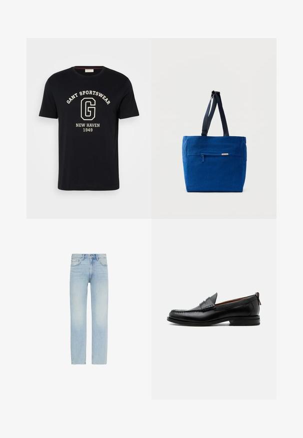 Zwart T-shirt met korte mouwen met witte tekst "GANT SPORTSWEAR" gebogen boven een grote "G" en "NEW HAVEN 1949" gecentreerd eronder.; Lichtblauwe straight-leg spijkerbroek met knoopsluiting aan de voorkant en een ontwerp met vijf zakken, inclusief een klein Calvin Klein-label op de voorzak.; Zwarte leren herensloffen met moc toe stiksel, pennyriem, gestructureerde kraag en lage gestapelde hak op witte achtergrond.; Blauwe canvas boodschappentas met een voorvak met rits, dubbele schouderbanden en een rechthoekige vorm. Heeft een subtiel merklabel.