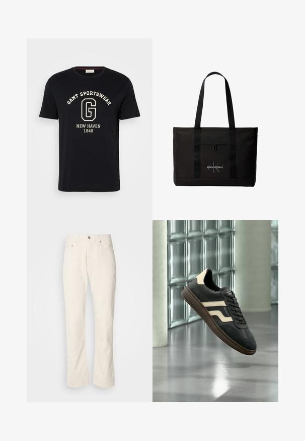 Zwart T-shirt met korte mouwen met witte tekst "GANT SPORTSWEAR" gebogen boven een grote "G" en "NEW HAVEN 1949" gecentreerd eronder.; Beige katoenen jeans met een klassiek recht model, met een knoopsluiting aan de voorkant, vijf zakken en subtiele stikdetails.; Zwart-beige sneaker met bruine zool, zijstrepen en veters, zwevend boven een gepolijste vloer naast een glazen stenen muur.; Zwarte Calvin Klein totebag met twee lange handvatten en een voorvak, met het logo van het merk in wit en grijs.