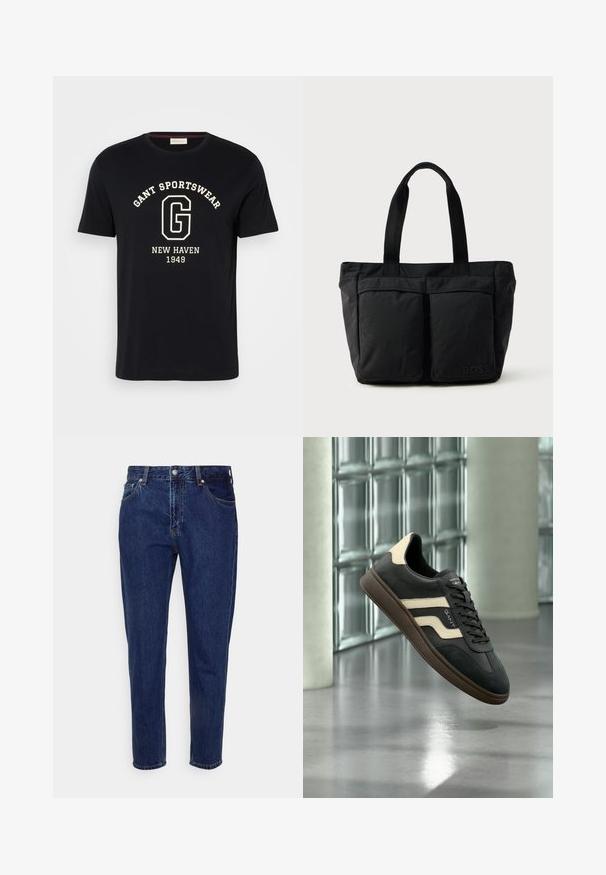 Zwart T-shirt met korte mouwen met witte tekst "GANT SPORTSWEAR" gebogen boven een grote "G" en "NEW HAVEN 1949" gecentreerd eronder.; Donkerblauwe straight-leg spijkerbroek met knoop- en ritssluiting aan de voorkant, riemlussen, en voor- en achterzakken.; Zwart-beige sneaker met bruine zool, zijstrepen en veters, zwevend boven een gepolijste vloer naast een glazen stenen muur.; Zwarte tote bag met een zachte stoffen constructie, twee voorvakken en stevige handvatten. Logo aan de zijkant weergegeven. Eenvoudig, functioneel ontwerp.