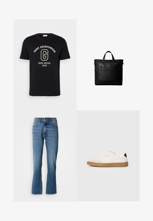 Zwart T-shirt met korte mouwen met witte tekst "GANT SPORTSWEAR" gebogen boven een grote "G" en "NEW HAVEN 1949" gecentreerd eronder.; Lichtblauwe denim jeans met een rechte snit en een lichte flare. Beschikt over vijf zakken, een knoopsluiting en subtiele wassingdetails.; Witte sneakers met beige accenten, bovenwerk van glad leer, ronde neus en rubberen gumzool, met een zwarte hieltab en subtiele branding.; Zwarte tote bag met dubbele handvatten, grote voorste leren zak met ritssluiting en subtiel Calvin Klein-logo in het midden van de zak.