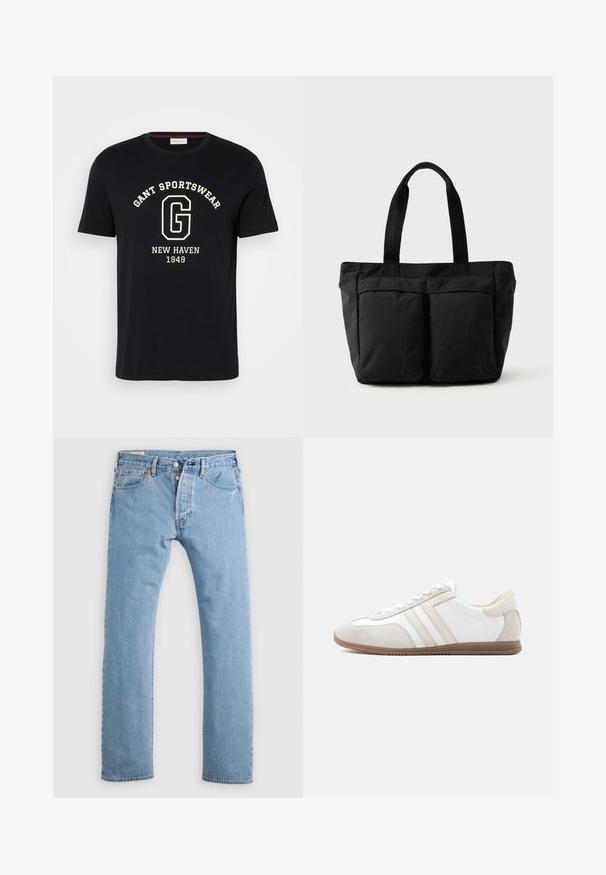 Zwart T-shirt met korte mouwen met witte tekst "GANT SPORTSWEAR" gebogen boven een grote "G" en "NEW HAVEN 1949" gecentreerd eronder.; Lichtblauwe rechte spijkerbroek met knoopsluiting, riemlussen en voor- en achterzakken, weergegeven op een witte achtergrond.; Laag uitgesneden witte en beige sneaker met suèdelook accenten, veterluiting en bruine rubberen zool, zijaanzicht op een effen achtergrond.; Zwarte tote bag met een zachte stoffen constructie, twee voorvakken en stevige handvatten. Logo aan de zijkant weergegeven. Eenvoudig, functioneel ontwerp.