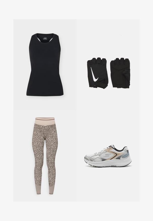 Sort ærmeløs sportstanktop med rund halsudskæring og bryderryg, vist på ensfarvet lyst baggrund.; Leggings i en beige og brun dyreprint med en høj talje og elastisk linning samt teksturerede mønstrede detaljer nær anklerne.; Hvide og sølvfarvede sportssko med gyldne detaljer, mesh-overdel, polstret krave, snørelukning og tekstureret sål. Har slanke designlinjer.; Sorte fingerløse træningshandsker lavet af åndbart stof, med et hvidt Nike-logo, polstrede håndflader og et åbent håndledsdesign for fleksibilitet.
