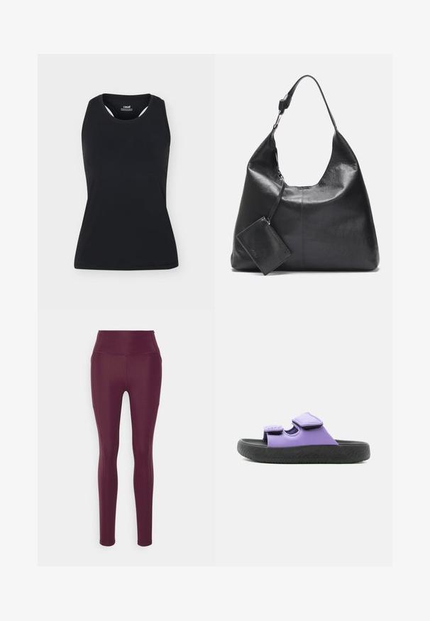 Débardeur de sport noir sans manches avec encolure ronde et dos nageur, présenté sur un fond uni clair.; Leggings bordeaux en matière extensible, avec une taille haute, une texture lisse et une coupe ajustée. Pas de motifs visibles ni de détails matériels.; Sandale slide violette avec deux brides velcro réglables et une semelle noire épaisse texturée, vue de profil sur fond blanc.; Sac d’épaule en cuir noir avec une longue bandoulière et une petite pochette zippée attachée, présenté sur un fond clair uni.