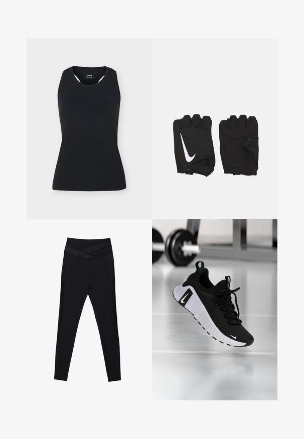 Sort ærmeløs sportstanktop med rund halsudskæring og bryderryg, vist på ensfarvet lyst baggrund.; Sorte leggings med høj talje og bred, krydset taljebånd samt tætsiddende pasform langs benene på en hvid baggrund.; Sort atletiksko med en tekstureret stofoverdel, hvid sål og fremtrædende snøresystem. Indeholder en Nike-logo og et blødt, polstret design.; Sorte fingerløse træningshandsker lavet af åndbart stof, med et hvidt Nike-logo, polstrede håndflader og et åbent håndledsdesign for fleksibilitet.