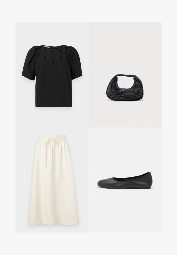 Haut noir à manches courtes avec un col rond, présentant des perles noires décoratives disposées verticalement sur le devant. Tissu léger et texturé.; Soulland MEIR SKIRT - Jupe longue - white; Ballerines en cuir noir avec un bout rond, texture lisse, détails de couture minimalistes et design de semelle flexible.; Sac hobo tissé noir avec une structure souple et une poignée intégrée, présenté sur un fond clair uni.