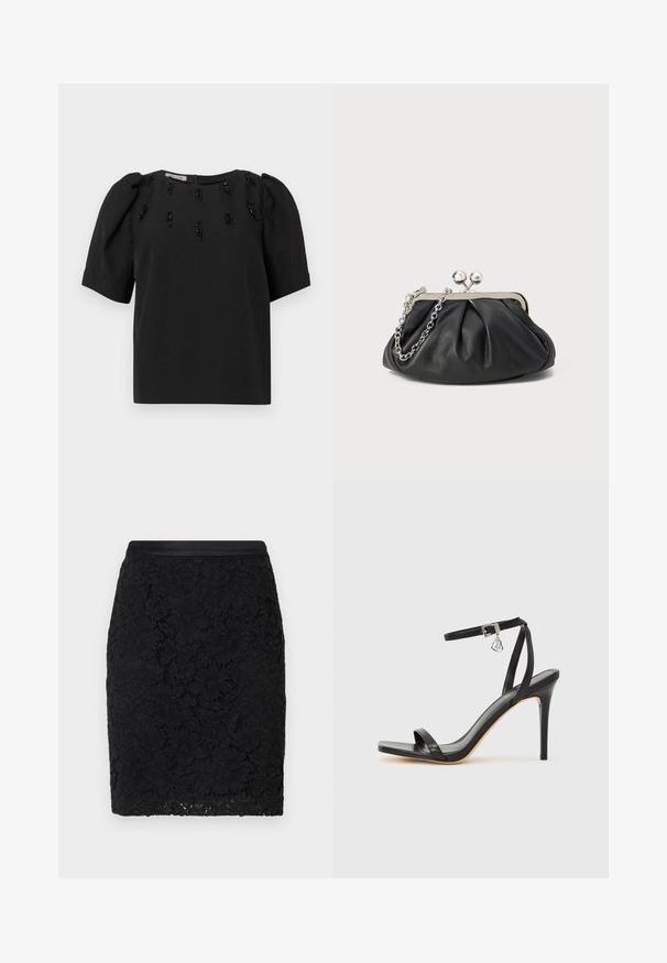 Haut noir à manches courtes avec un col rond, présentant des perles noires décoratives disposées verticalement sur le devant. Tissu léger et texturé.; Jupe crayon en dentelle noire avec une ceinture en satin lisse, présentant des motifs floraux détaillés et une coupe slim.; Sandale à talon haut noire avec une bride étroite à la cheville, bout carré, cuir lisse et accent de boucle métallique.; Porte-monnaie en cuir noir avec texture froncée, cadre en métal argenté, fermeture à verrouillage kiss-lock et bandoulière en chaîne. Surface lisse et douce.