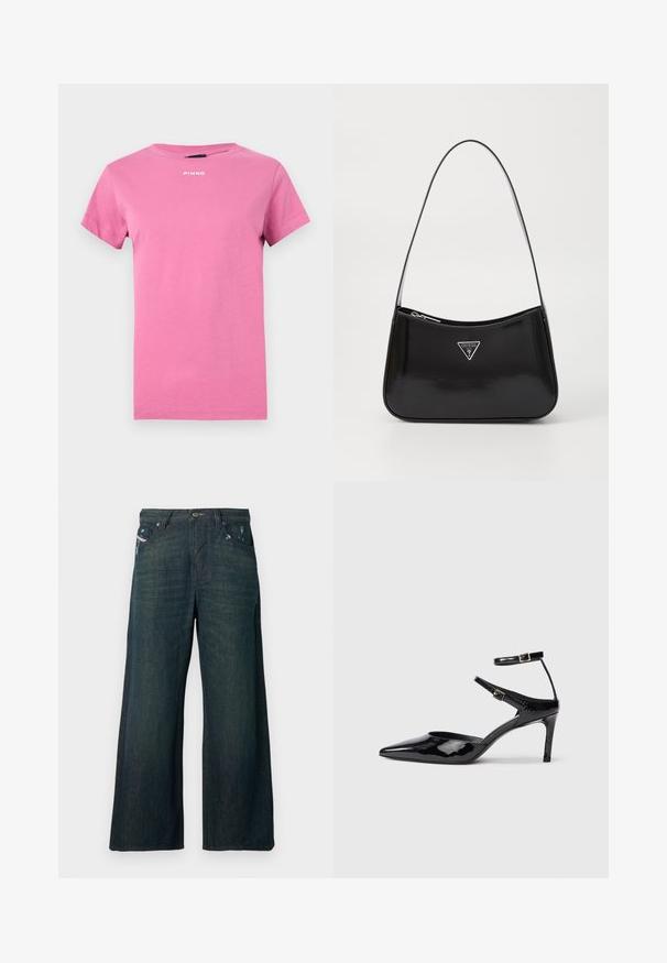 T-shirt rose vif à manches courtes avec encolure ronde et petit logo blanc "PINKO" centré près du col.; Jean denim bleu foncé à jambes larges avec légère usure près des poches avant et fermeture standard par bouton et fermeture éclair.; Talons en cuir verni noir avec un bout pointu, des sangles de cheville ajustables et un talon fin. Texture lisse avec une finition brillante.; Sac à épaule en cuir verni noir avec une forme incurvée, présentant un logo triangle en argent et une fermeture éclair. Texture lisse et bandoulière fine.