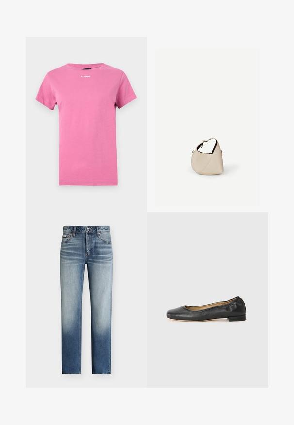 T-shirt rose vif à manches courtes avec encolure ronde et petit logo blanc "PINKO" centré près du col.; Jean bleu coupe droite avec un lavage délavé, style cinq poches et fermeture par bouton à la taille.; Ballerines en cuir noir avec un bout arrondi et des coutures minimales. Talon bas et rectangulaire avec une texture lisse. Détails subtils de doublure intérieure.; Sac à main en cuir beige en forme de croissant avec une seule bandoulière et des coutures minimalistes, posé sur un fond blanc uni.