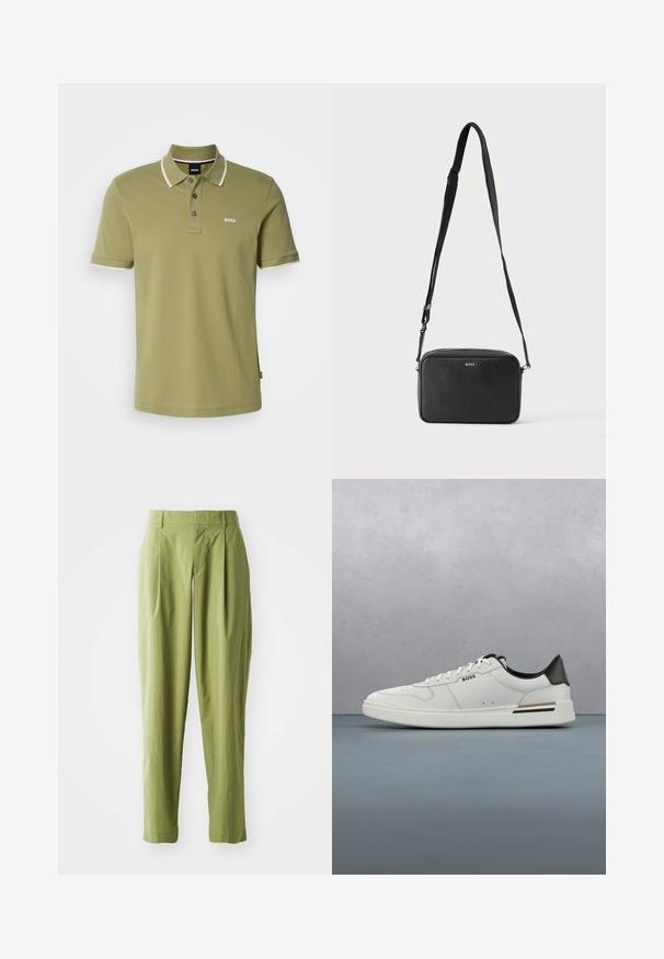 Polo olive avec une patte de boutonnage à trois boutons, un col et des poignets contrastants blancs, et un petit logo "BOSS" blanc sur la poitrine.; Pantalons vert clair en tissu texturé, présentant une coupe droite, des plis à l'avant et une taille standard.; Sneaker basse blanche avec talon noir, fermeture à lacets, perforations subtiles et logo "BOSS" sur le côté, vue depuis le profil extérieur.; Sac bandoulière rectangulaire noir avec sangle réglable et logo BOSS sur le devant, sur un fond clair uni.