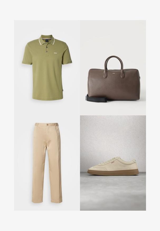 Polo olive avec une patte de boutonnage à trois boutons, un col et des poignets contrastants blancs, et un petit logo "BOSS" blanc sur la poitrine.; Pantalons beiges en tissu léger, avec une coupe droite, une taille avec passants de ceinture et une fermeture à bouton sur le devant.; Baskets en daim beige clair avec une semelle en caoutchouc gomme, des lacets prononcés et des détails de couture subtils. Design épuré avec une esthétique minimaliste.; Sac de sport en cuir marron avec deux poignées, une bandoulière noire réglable et un petit logo "BOSS" au centre à l'avant.