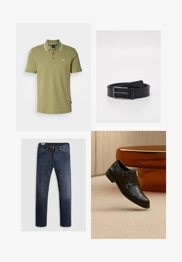 Polo de color verde oliva con una tapeta de tres botones, cuello y puños en blanco contrastante, y un pequeño logo blanco de "BOSS" en el pecho.; Jeans de mezclilla azul oscuro con corte recto, que cuentan con cremallera, botones metálicos y acentos de remaches de cobre. Textura suave, sin patrones visibles.; Zapato negro de piel con hebilla doble flotando sobre una alfombra beige, con muebles marrones curvados en el fondo.; Cinturón de cuero negro con un diseño elegante, hebilla de metal plateado y textura suave. Detalle del logotipo cerca de la hebilla.