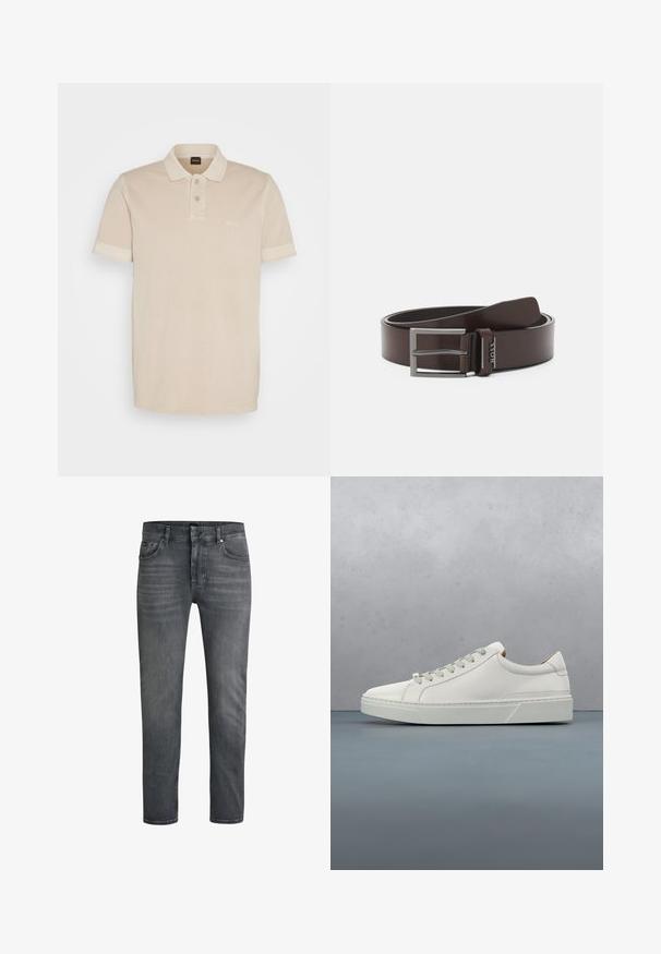 Beige polo-shirt lavet af blødt bomuld. Den har en klassisk krave, to knapper og et lille broderet logo på brystet.; Mørkegrå denimjeans med lige ben, fem lommer og subtilt falmning. Har standard bæltestropper og metaltrykknapper.; Hvid lædersneaker med rund tå, minimalistisk design, grå snørebånd og en tekstureret grå gummisål. Subtile syningsdetaljer er synlige.; Brun læderbælte med en glat tekstur, der har en sølvfarvet metalspænde og logo-detail. Klassisk design, robust og fleksibelt.