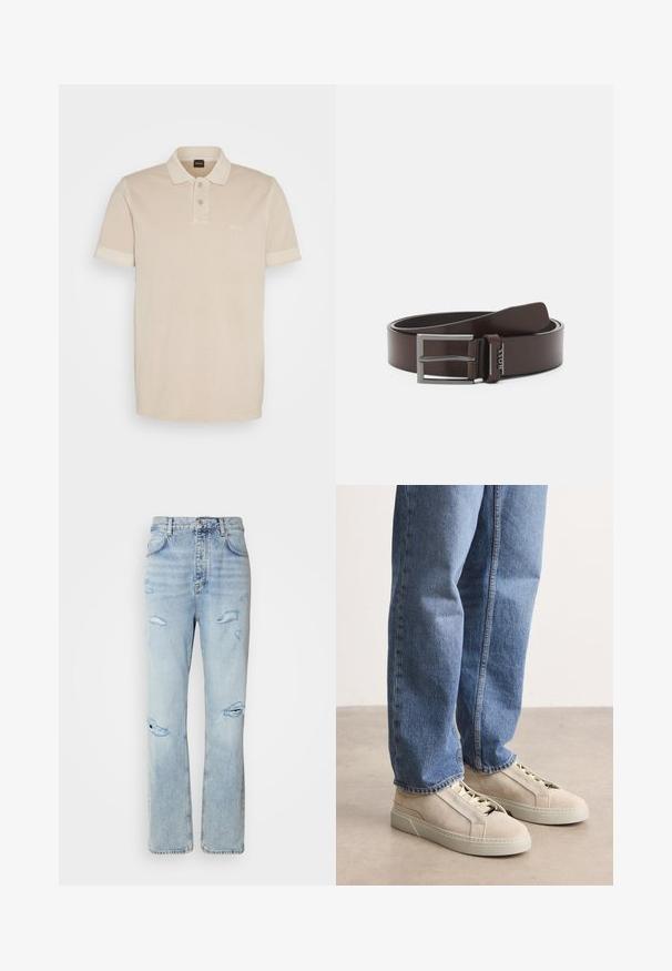 Beige Poloshirt aus weicher Baumwolle. Es verfügt über einen klassischen Kragen, zwei Knöpfe und ein kleines gesticktes Logo auf der Brust.; Hellblaue Jeans mit legerer Passform, featuring distressed Stellen und fransigen Kanten. Der Stoff hat eine weiche, glatte Textur.; BOSS GARYTENN_SDHDEL - Sneaker low - natural ten; Brauner Leder Gürtel mit glatter Textur, mit einer Bezugsschnalle aus Silber und Logodetail. Klassisches Design, robust und flexibel.