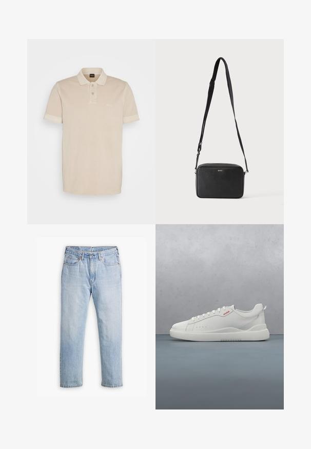 Beige polo särk, mis on valmistatud pehmest puuvillast. Sellel on klassikaline kaelus, kaks nuppu ja rinna peal väike tikitud logo.; Heledad hall sinised teksad sirge sääre disainiga, viie taskuga stiil ja kontrastne õmblus. Kõhukohal nööp ja lukk.; Valged spordijalatsid siledast nahast, ümar varvas, neli silmaauku, kerged perforatsioonid ja punane logo külje peal.; Must ristkülikukujuline risti kandmise kott reguleeritava rihmaga ja ees BOSS logo, ühetoonilise heleda tausta ees.