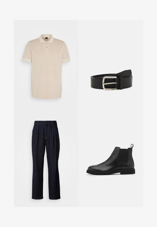 Beige Poloshirt aus weicher Baumwolle. Es verfügt über einen klassischen Kragen, zwei Knöpfe und ein kleines gesticktes Logo auf der Brust.; Dunkelblaue weit geschnittene Jeans mit vorderen Falten und orangen Nähten, auf weißem Hintergrund gezeigt.; Schwarze Leder Chelsea-Stiefel mit elastischen Seitenpanelen und einem Zugtab. Gerundete Zehenpartie und flache Gummisohle, die eine glatte Oberfläche zeigt.; Schwarzer Leder-Gürtel mit einer polierten silbernen Schnalle, auf der der Markenname eingeprägt ist. Glatte Textur und klassisches Design mit geradem Ende.