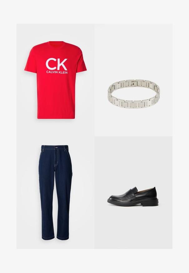 Punane puuvillane T-särk, millel on suur valge "CK" ja "CALVIN KLEIN" trükk. Lühikesed varrukad ja klassikaline ümmargune kaelus. Sile tekstuur.; Tumed sinised teksapüksid sirge lõikega, tugevdatud õmbluste ja küljetaskutega. Varustatud nupuga ja kergelt tekstuurse pinnaga.; Must musta kemppedista nahkasaapad madala kontsaga ja peene Calvin Kleini logoga küljel, näidatud profiilis valgel taustal.; Hõbedane metallist käevõru, millel on omavahel seotud ristkülikukujulised lingid, millel on sile, poleeritud pind ja turvaline luku mehhanism.