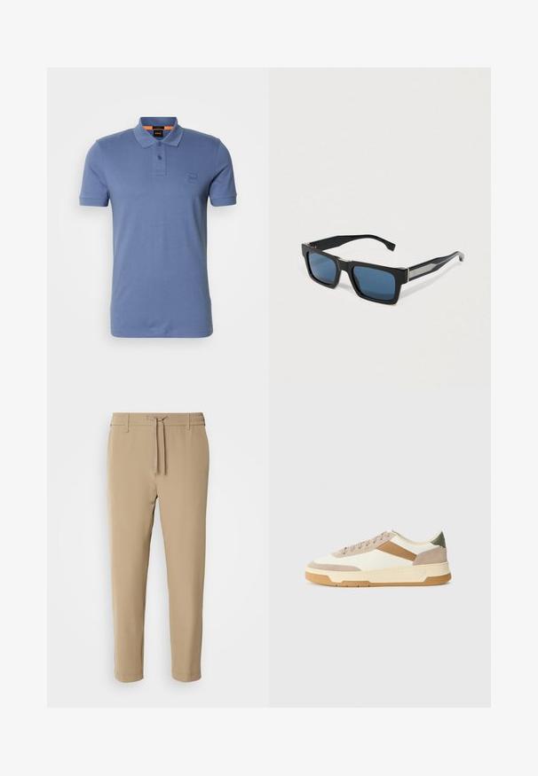 Blaue Baumwoll-Polohemd mit klassischem Kragen, zwei Knöpfen und einem kleinen Logopatch auf der Brust. Kurzärmel und normale Passform.; Beige, taillierte Hose mit elastischem Bund und Kordelzug. Glattes Material mit einem schlichten Design ohne sichtbare Muster oder Hardware.; Sneaker in Beige, Creme und Olivgrün, aus Wildleder und Leder, mit runder Zehenpartie, minimalistischem Design und Gummisohle.; Schwarze rechteckige Sonnenbrillen mit breiten Bügeln und getönten, dunkelblauen Gläsern, die auf einer hellen Oberfläche liegen.