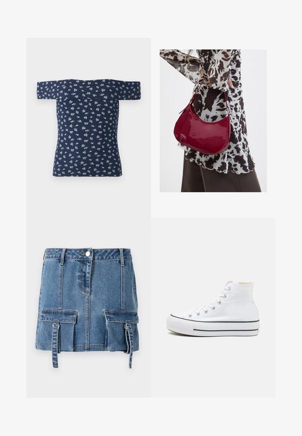Námornícky off-the-shoulder top s ribbed textúrou a malým svetlo modrým kvetinovým vzorom. Upnutý strih zvýrazňuje postavu, krátke rukávy.; Denim mini sukňa vo svetlom modrom odtieni, s vysokým pásom, predným zapínaním na gombíky a dvoma prednými vreckami s nastaviteľnými popruhmi.; Biele vysoké tenisky z plátnovej látky, čierna gumová podrážka a kontrastný čierny pruh na strednej podrážke. Okrúhla špička a zaväzovací dizajn.; Žena v čierno-bielom vzorovanom blúzke drží lesklú červenú kabelku cez rameno na jednofarebnom pozadí.