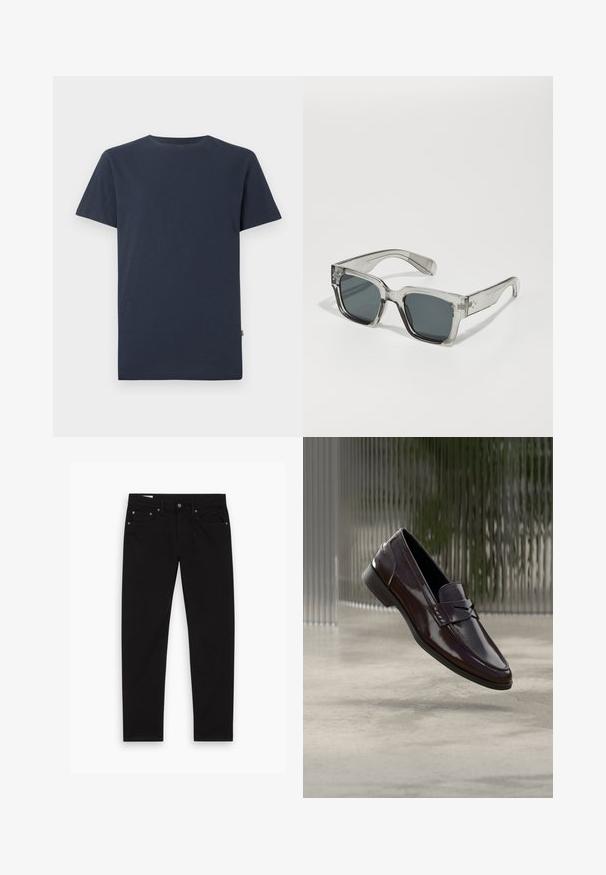 Enkelt mørk navyblå T-shirt med korte ærmer og rund halsudskæring med et lille hvidt SELECTED-mærke inde i kraven.; Sorte lige ben jeans med for- og baglommer, bæltestropper samt knappeslås og lynlås, lagt fladt på en hvid baggrund.; Brune lædermokkasiner med en blank finish, der har en hævet søm og en lille udskæringsdetalje foran samt en lav sort sål.; Klare, oversized solbriller med mørke linser, der har en kraftig rektangulær stel og strukturerede stangsnehverv. Fremstillet af transparent kunststof.