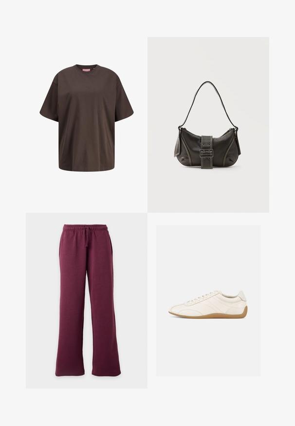 Σκούρο καφέ βαμβακερό oversized κοντομάνικο μπλουζάκι με στρογγυλή λαιμόκοψη και διακριτικό λογότυπο μπροστά.; Μπορντό φαρδιά φόρμα με ελαστική μέση και κορδόνι, μπροστινές τσέπες, εμφανίζεται μπροστά από απλό ανοιχτό φόντο.; Λευκό αθλητικό παπούτσι από δέρμα με λείο υφή, στρογγυλεμένη μύτη και ραφές σε ίδια απόχρωση. Διαθέτει ταμπά ελαστική σόλα και κλείσιμο με κορδόνια.; Μαύρη δερμάτινη τσάντα ώμου με λεπτομέρεια ιμάντα με πόρπη, καμπυλωτές άκρες και αντίθετη λευκή ραφή σε απλό φόντο.