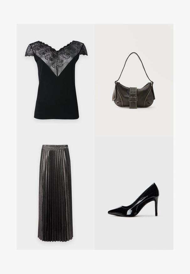 Haut noir à manches courtes avec un revêtement en dentelle en forme de V, orné de motifs floraux délicats et de bords festonnés le long de l'encolure et des manches.; Jupe maxi plissée noire avec une taille élastique, présentant une surface brillante et texturée, ainsi que des plis verticaux sur toute sa longueur.; Chaussure à talon haut en cuir verni noir avec un bout pointu, présentée sur un fond blanc uni.; Sac à épaule en cuir noir avec une sangle à boucle, des bords arrondis et des coutures blanches contrastées sur un fond uni.