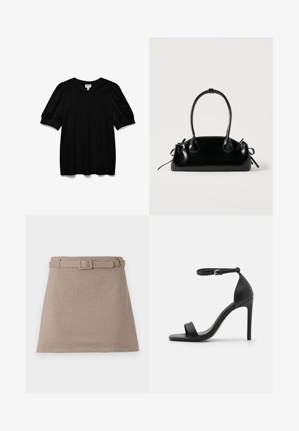 Haut noir à manches courtes avec un col rond, fabriqué en tissu lisse. Caractéristiques des manches bouffantes et une coupe décontractée. Design simple et sans embellissements.; Shorts à motif pied-de-coq marron et beige avec une taille ceinturée, des lignes épurées, une structure ajustée et une texture de tissu lisse.; Sandale noire à talons hauts au design épuré, avec une bride au niveau de la cheville, un bout ouvert et une texture en cuir lisse.; Petit sac à main noir brillant avec deux longues anses et des détails à cordon sur les côtés sur un fond clair uni.