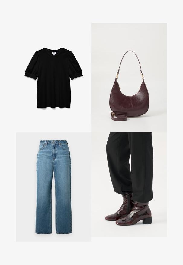 Schwarzes Kurzarmoberteil mit Rundhalsausschnitt, aus glattem Stoff. Mit Puffärmeln und lockerer Passform. Einfaches, ungeschmücktes Design.; Helle blaue gerade geschnittene Jeans aus Denim, mit einem standardmäßigen Bund, fünf Taschen und sanften Ausbleichungen. Keine ausgeprägten Muster oder Akzente.; Glänzende dunkelburgunderfarbene Knöchelstiefel mit seitlichen Reißverschlüssen, getragen mit lockeren schwarzen Hosen vor einfachem Hintergrund.; Burgunderfarbene Leder-Schultertasche mit geschwungener Form, Reißverschluss und abnehmbarem Tragegurt. Sie hat eine glatte Textur und goldene Hardware-Details.