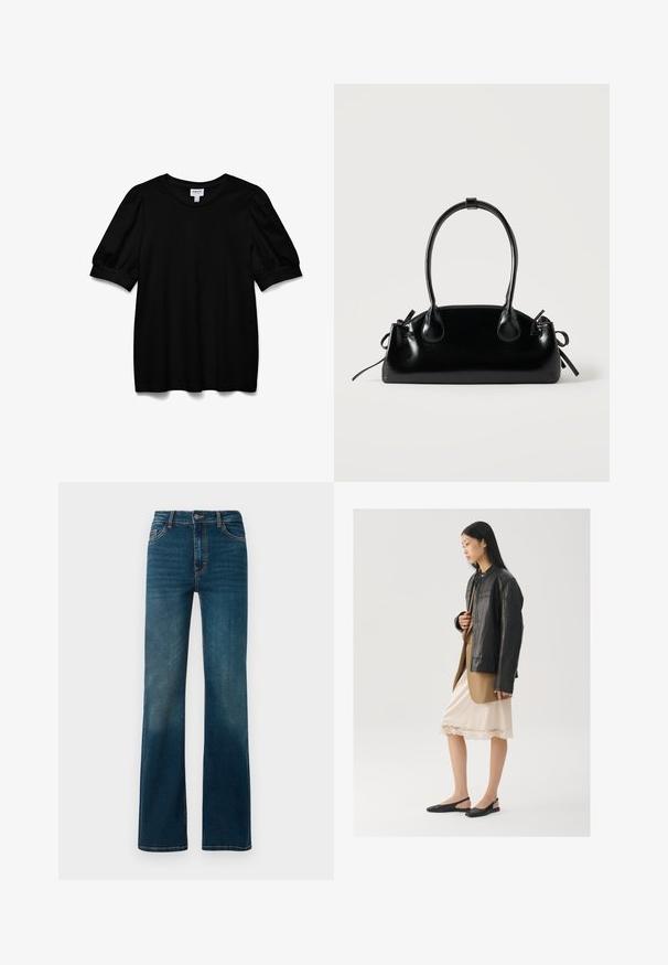 Schwarzes Kurzarmoberteil mit Rundhalsausschnitt, aus glattem Stoff. Mit Puffärmeln und lockerer Passform. Einfaches, ungeschmücktes Design.; Dunkelblaue, hoch geschnittene Jeans mit geradem Bein. Aus Denim gefertigt, mit kontrastierenden Nähten und einem klassischen Fünf-Taschen-Design.; Schwarze Lederjacke über einem braunen Oberteil, kombiniert mit einem hellen cremefarbenen Slip-Kleid mit Spitzenbesatz und schwarzen Slingback-Schuhen.; Kleine schwarze glänzende Handtasche mit zwei langen Griffen und seitlichen Kordelzug-Details vor einfachem hellem Hintergrund.