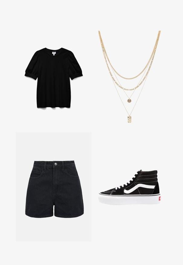 Top corto negro de manga corta con escote redondo, hecho de una tela suave. Presenta mangas abullonadas y un corte relajado. Diseño simple, sin adornos.; Pantalones cortos de mezclilla negros de tiro alto con botón frontal, trabillas para cinturón y dos bolsillos delanteros sobre un fondo blanco liso.; Zapatillas altas negras con cordones blancos, un logo blanco y costuras en blanco que contrastan. Presentan una suela blanca gruesa y una parte superior de ante texturizado.; Collar multi-capas dorado que presenta varios estilos de cadena, incluyendo eslabones gruesos y cadenas finas, con colgantes circulares y rectangulares.