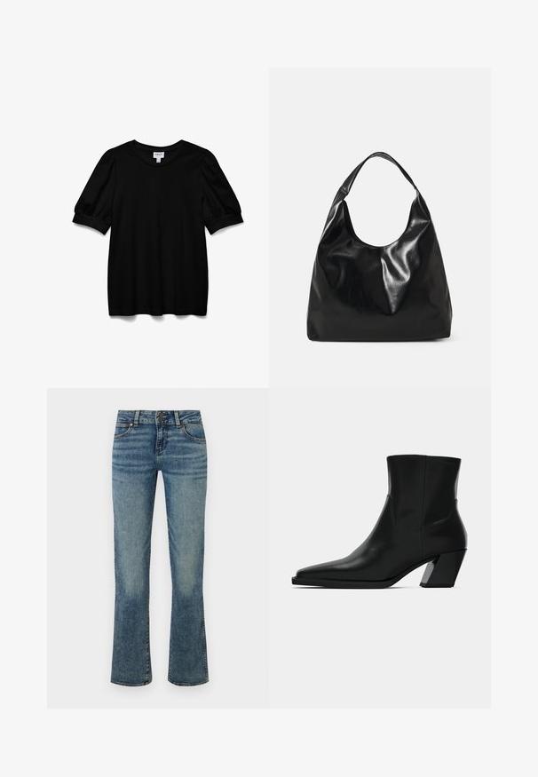 Zwarte top met korte mouwen en een ronde hals, gemaakt van een zachte stof. Heeft pofmouwen en een relaxte pasvorm. Eenvoudig, onopgesmukt ontwerp.; Blauwe denim jeans met een taille op heuphoogte, knoopsluiting, voorzakken en licht uitlopende pijpen met vervaagde details.; Zwarte leren enkelboot met een spitse neus, een slanke silhoeet en een chunky vierkante hak. Gladde textuur met minimale stikdetails.; Zwarte leren hobo tas met een zachte, glanzende textuur en een ronde, open bovenkant. Voorzien van een brede, gebogen schouderband om te dragen. Geen zichtbare hardware.