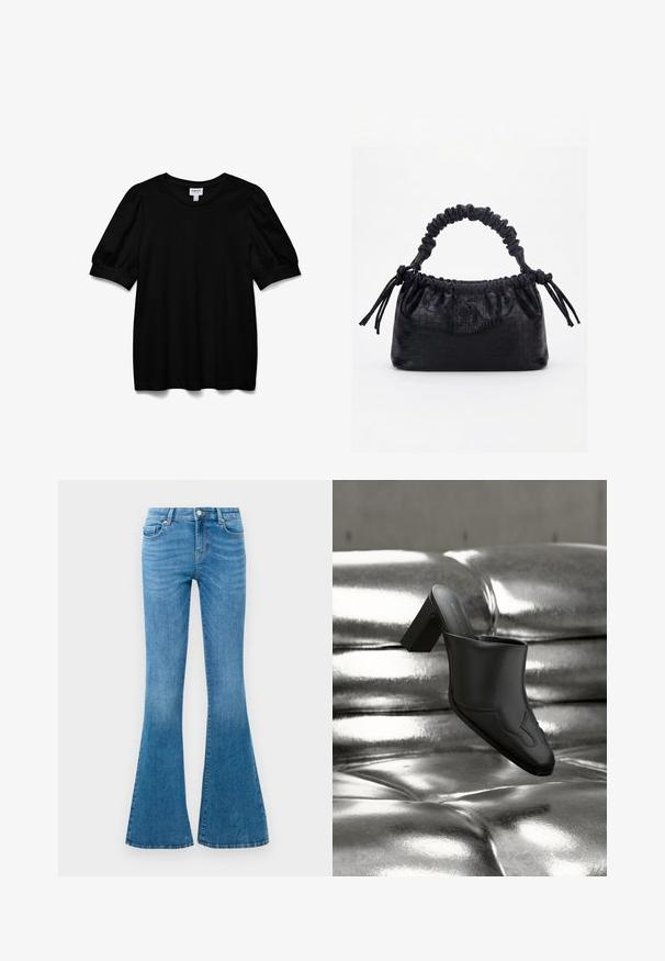 Top corto negro de manga corta con escote redondo, hecho de una tela suave. Presenta mangas abullonadas y un corte relajado. Diseño simple, sin adornos.; Jeans de mezclilla azul acampanados con una cintura de media altura, que cuentan con cinco bolsillos, un cierre de botón estándar y un ligero desgastado para dar textura.; Mula de cuero negro con tacón ancho descansando sobre una superficie plateada brillante acolchada, destacando su diseño elegante y detalles curvados.; Bolso negro con textura de cocodrilo, borde superior fruncido, asa recogida y cordones con borlas en cada lado sobre un fondo blanco.