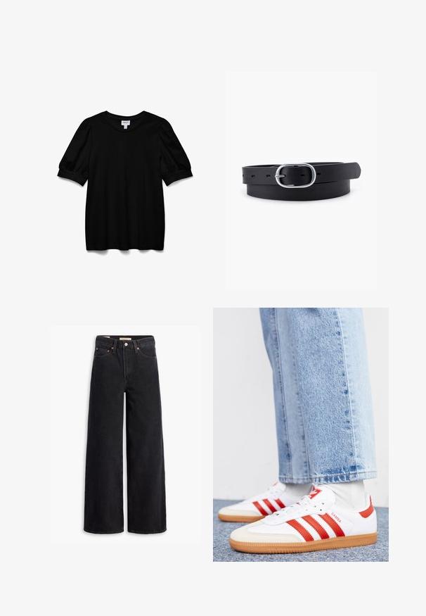 Zwarte top met korte mouwen en een ronde hals, gemaakt van een zachte stof. Heeft pofmouwen en een relaxte pasvorm. Eenvoudig, onopgesmukt ontwerp.; Zwarte brede jeans gemaakt van denim, met vijf zakken, koperen klinknagels en een klassieke knoopsluiting. Glad van textuur met een strakke uitstraling.; Witte leren sneakers met rode strepen en accenten. Voorzien van een getextureerde gumrubberen outsole en een gevoerde kraag. Draag ze met lichtblauwe denim.; Zwarte leren riem met een gladde textuur, ovaal zilveren metalen gespsluiting en meerdere verstelgaten langs de band. Platte, minimalistische uitstraling.