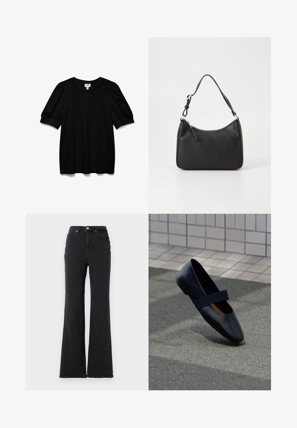 Schwarzes Kurzarmoberteil mit Rundhalsausschnitt, aus glattem Stoff. Mit Puffärmeln und lockerer Passform. Einfaches, ungeschmücktes Design.; Schwarze, hoch taillierte Jeans mit einem ausgestellten Bein, Knopfverschluss vorne und fünf Taschen-Design vor einem schlichten weißen Hintergrund.; Schwarze Leder-Ballerina mit runder Zehenpartie, ausgestattet mit einem weichen schwarzen Elastikband über dem Vorderfuß. Glatte Textur und minimalistisches Design.; Schwarze Lederhandtasche mit geschwungener Form, einem einzigen Tragegurt, Reißverschlussverschluss und dezentem Branding auf der Vorderseite. Glatte Textur, minimalistisches Design.