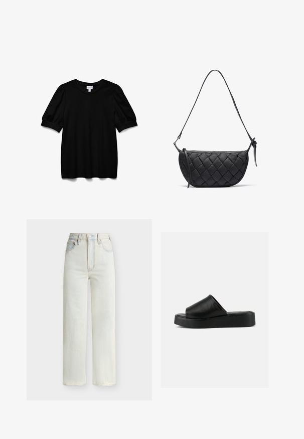 Schwarzes Kurzarmoberteil mit Rundhalsausschnitt, aus glattem Stoff. Mit Puffärmeln und lockerer Passform. Einfaches, ungeschmücktes Design.; Hoch sitzende Jeans mit geradem Bein in Hellblau, mit vorderem Knopf, Reißverschluss und Fünf-Taschen-Stil.; Schwarzer Slip-On Plateau-Sandale mit breitem Lederobermaterial und dicker Sohle, seitlich auf grauem Hintergrund gezeigt.; Schwarze gesteppte Handtasche mit einer geschwungenen Form, ausgestattet mit einem schmalen Schulterriemen und einem Reißverschluss. Hergestellt aus weichem, strukturiertem Material.