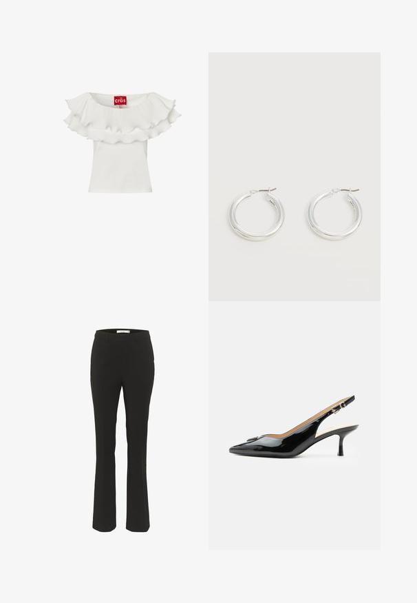 Haut blanc sans manches avec encolure à volants plissés double couche et étiquette de marque rouge à l’intérieur du col.; Pantalons noirs ajustés avec une coupe slim, bas évasé, devant plat et sans poches visibles. Fabriqués en tissu lisse avec des coutures minimales.; Escarpin slingback en cuir verni noir avec bout pointu, petit talon kitten et bride à boucle argentée sur fond blanc uni.; Paire de boucles d'oreilles créoles moyennes argentées brillantes avec de fines attaches métalliques sur un fond clair et neutre.