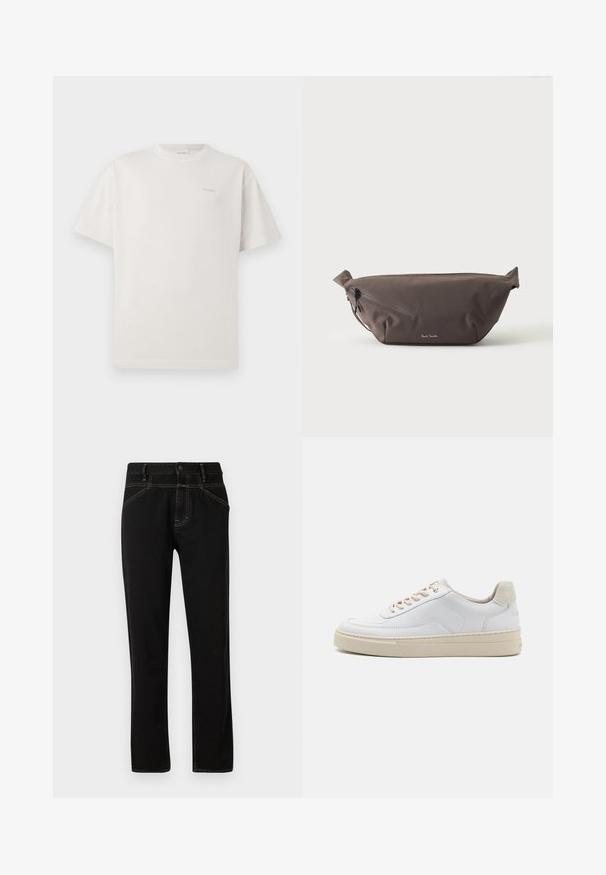 CLOSED LOGO - T-Shirt basic - blush pink; Schwarze Denim-Jeans mit geradem Schnitt, versehen mit gelben Nähten, fünf Taschen und einem vorderen Knopfverschluss. Glatte Textur und minimalistisches Design.; Weiße Sneaker mit einem glatten Lederobermaterial, beigen Schnürsenkeln und einer strukturierten, beigen Wildleder-Fersenschlaufe. Erhöhte Sohle für zusätzlichen Komfort.; Dunkelbraune Stoff-Gürteltasche mit diagonalem Reißverschlussfach und kleinem weißen Logo vorne, vor einem einfarbigen hellen Hintergrund.