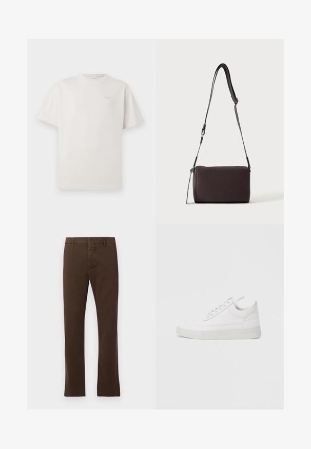 CLOSED LOGO - T-shirts basic - blush pink; CLOSED CLIFTON TRUE - Chino - espresso brown; Hvid lædersneaker med rundet tå, flad sål og snørebånd foran. Har syningsdetaljer og polstret krave for komfort.; Mørkebrun textured læder crossbody taske med justerbar rem og lille dekorativ blå accent på siden.