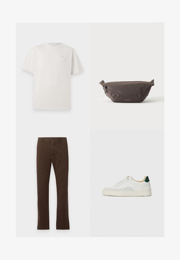 CLOSED LOGO - T-shirts basic - blush pink; CLOSED CLIFTON TRUE - Chino - espresso brown; Hvide sneakers med ruskindsdetaljer, rund tå, flade snørebånd og en cremet gummisål. Har grøn branding på hælen.; Mørkebrun stof talje taske med diagonalt lynlåslomme og lille hvidt logo på fronten, sat mod en ensfarvet lys baggrund.