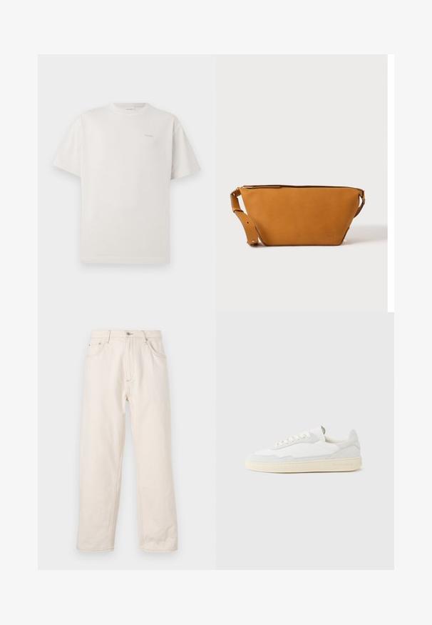 CLOSED LOGO - T-shirt basic - blush pink; Beige rechte jeans gemaakt van denim, met een knoopsluiting, vijf zakken en zichtbare stikseldetails. Gladde textuur.; Witte sneaker met een bovenwerk van gestructureerd suède en leer. Voorzien van een afgeronde neus, vetersluiting en een contrasterende beige rubberen zool.; Lichtbruine leren crossbodytas met verstelbare band en ritssluiting, getoond tegen een effen lichte achtergrond.