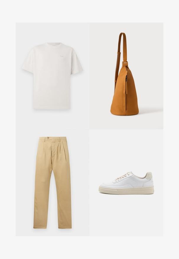 CLOSED LOGO - T-Shirt basic - blush pink; CLOSED BERGEN TAPERED - Chino - beige; Weiße Sneaker mit einem glatten Lederobermaterial, beigen Schnürsenkeln und einer strukturierten, beigen Wildleder-Fersenschlaufe. Erhöhte Sohle für zusätzlichen Komfort.; Hellbraune Leder-Umhängetasche mit verstellbarem Trageriemen und vertikaler Reißverschlusstasche, von der Seite vor hellem, einfarbigem Hintergrund gezeigt.