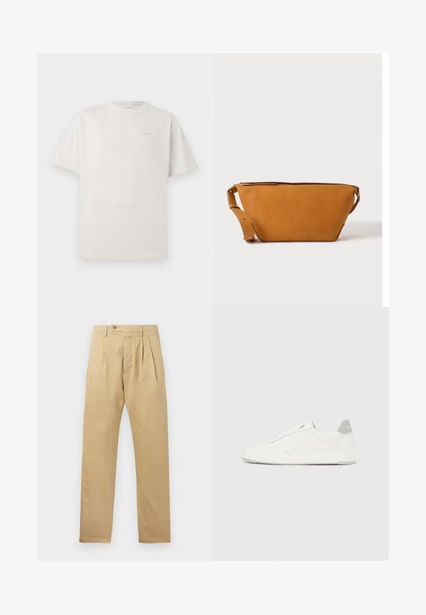 CLOSED LOGO - T-shirts basic - blush pink; CLOSED BERGEN TAPERED - Chino - beige; Hvid lavtop-sneaker med gråt hælflig, hvide snørebånd og tekstureret sål, vist på en ensfarvet lys baggrund.; Lys brun læder crossbody taske med justerbar rem og lynlås, vist mod en ensartet lys baggrund.