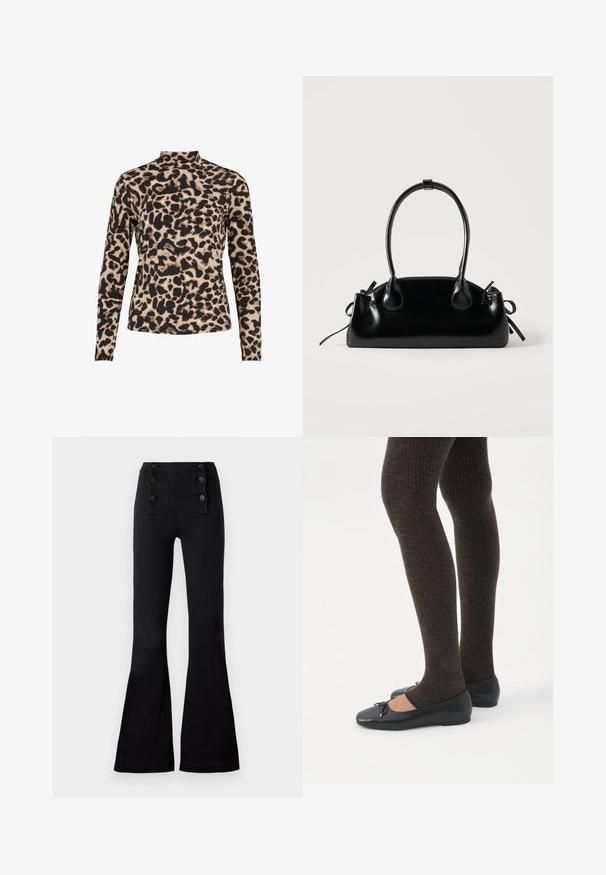 Leopardprint lange mouwen shirt met een hoge halslijn. Heeft een zwart en beige kleurenschema, een gladde textuur en een getailleerd ontwerp.; Zwarte flared jeans met een hoge tailleband, voorzien van vier decoratieve knopen aan de voorkant en een gladde textuur.; Benen met donkere geribbelde leggings gecombineerd met zwarte ballerina's met kleine strikdetails op een witte achtergrond.; Kleine zwarte glanzende handtas met twee lange hengsels en zijkant trekkoord details op een effen lichte achtergrond.