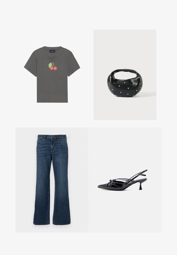 Grijze geribde T-shirt met korte mouwen, voorzien van een klein kersgrafiek met bladeren geborduurd op de borst.; Donkerblauwe wijde jeans met klassiek ontwerp met vijf zakken, voorzien van een knoopsluiting en subtiele vervaging. Gemaakt van denimstof.; Zwarte slingback pump van lakleer met een spits toelopende neus, lage kittenhak en decoratieve knoopstrik aan de voorkant.; Zwarte leren handtas met een afgeronde vorm, versierd met zilveren studs, en een korte handgreep. Gladde textuur en ritsluiting.