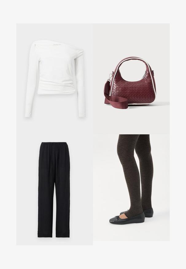 Λευκό μακρυμάνικο μπλουζάκι με σχέδιο off-shoulder, λεία ύφανση, πτυχές στους ώμους και εφαρμοστή σιλουέτα.; Μαύρο, ελαφρύ παντελόνι με ελαστική μέση, ίσια μπατζάκια και απλή λεπτομέρεια στο τελείωμα. Κατασκευασμένο από μαλακό, αεριζόμενο ύφασμα.; Πόδια με σκουρόχρωμα ριμπ κολάν συνδυασμένα με μαύρα μπαλαρίνα παπούτσια με μικρές λεπτομέρειες φιόγκων σε λευκό φόντο.; Χειροποίητη καφέ δερμάτινη τσάντα με καμπυλωτή λαβή, λευκή επένδυση, ασημένιο φερμουάρ και αφαιρούμενο φαρδύ υφασμάτινο λουρί ώμου σε μονόχρωμο φόντο.