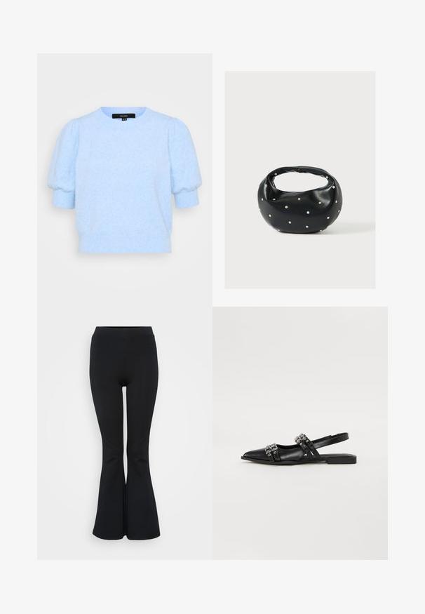 Vero Moda Petite VMDOFFY 2/4 O NECK - Βασικό μπλουζάκι - little boy blue melange; Μαύρο κολάν σε φαρδιά γραμμή, φτιαγμένο από ελαστικό υλικό. Διαθέτει υψηλή μέση και λεία υφή. Τελειώνει σε φαρδύ στρίφωμα.; Even&Odd Μπαλαρίνες με λουράκι στον αστράγαλο - black; Μαύρη δερμάτινη τσάντα χειρός με στρογγυλεμένο σχήμα, διακοσμημένη με ασημένιες λεπτομέρειες με καρφιά και κοντή λαβή. Λείο υλικό και κλείσιμο με φερμουάρ.
