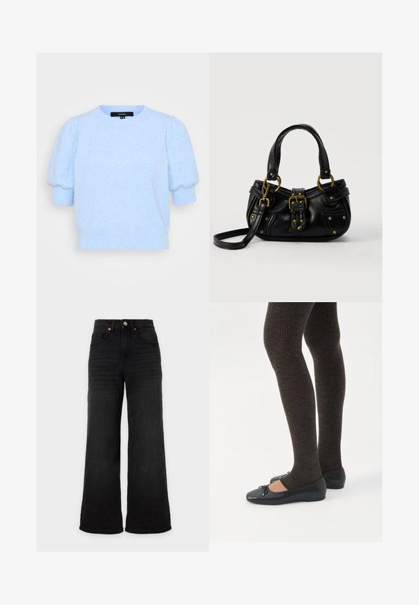 Vero Moda Petite VMDOFFY 2/4 O NECK - T-paita - little boy blue melange; Korkeavyötäröiset mustat leveälahkeiset farkut, joissa edessä taskut ja nappikiinnitys vaalealla yksivärisellä taustalla.; Jalat, joissa tummat ribbineuleiset leggingsit yhdistettynä mustiin balettitossuihin, joissa on pienet rusettikoristeet valkoisella taustalla.; Musta nahkainen käsilaukku, jossa kultainen solki ja niittiyksityiskohdat, lyhyet kahvat ja säädettävä olkahihna, valkoisella taustalla.