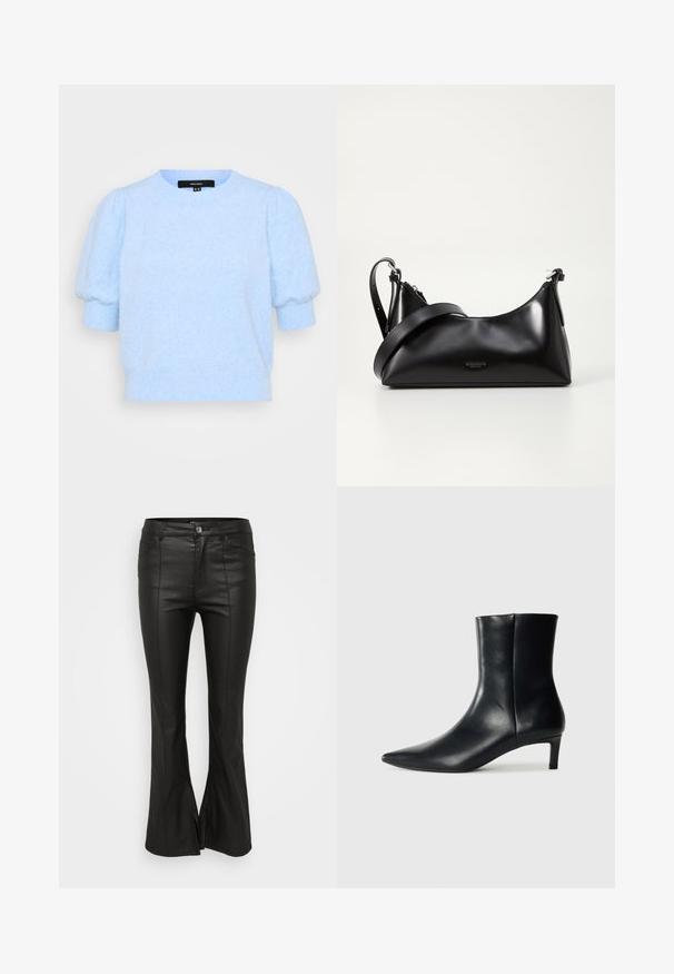 Vero Moda Petite VMDOFFY 2/4 O NECK - Βασικό μπλουζάκι - little boy blue melange; Μαύρο φαρδύ παντελόνι με γυαλιστερή, δερματίνη υφή, που διαθέτει μπροστινές τσέπες, κλείσιμο με κουμπί και πλαϊνές σχισμές στο στρίφωμα.; Μαύρο δερμάτινο μποτάκι μέχρι τον αστράγαλο με μυτερή μύτη, κομψή σιλουέτα και χαμηλό, στρογγυλό τακούνι. Λείο υλικό με ελάχιστες λεπτομέρειες.; Μαύρη δερμάτινη τσάντα χειρός με λεία υφή. Διαθέτει ρυθμιζόμενο λουρί και κομψό, μινιμαλιστικό σχέδιο με φερμουάρ.