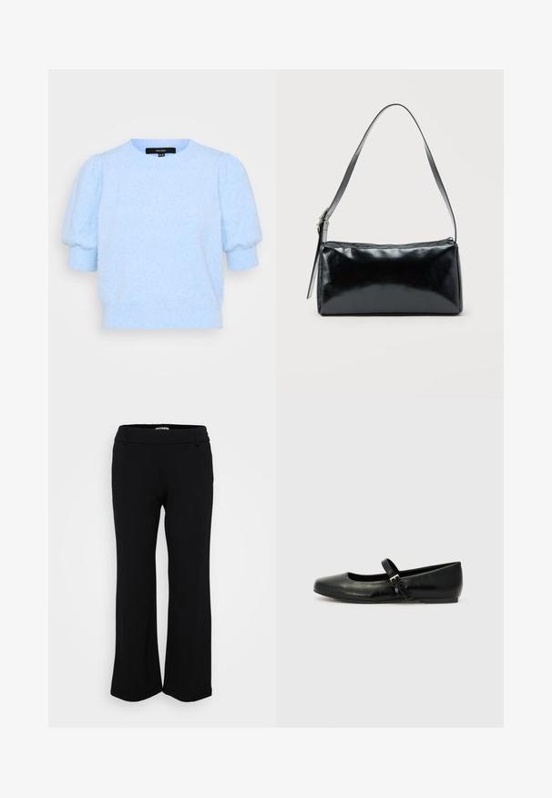 Vero Moda Petite VMDOFFY 2/4 O NECK - T-paita - little boy blue melange; Mustat, leveälahkeiset housut pehmeästä, venyvästä kankaasta. Mukana sileä vyötärönauha, jossa on vyölenkit ja huolitellut reunat. Yksinkertainen ja monikäyttöinen muotoilu.; Mustat nahkaiset balettikengät pyöreällä varpaalla, tasapohjalla ja ohuella säädettävällä remmillä jalkaholvissa, jossa on metallinen solki.; Musta suorakaiteen muotoinen olkalaukku, jossa on säädettävä yksittäisolkaimen hihna ja yläreunassa vetoketjusuljin, yksivärisellä taustalla.